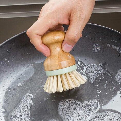 Brosse à vaisselle grattoir intégré avec poignée en bambou, brosse à  récurer pour nettoyer la vaisselle, lot de 2