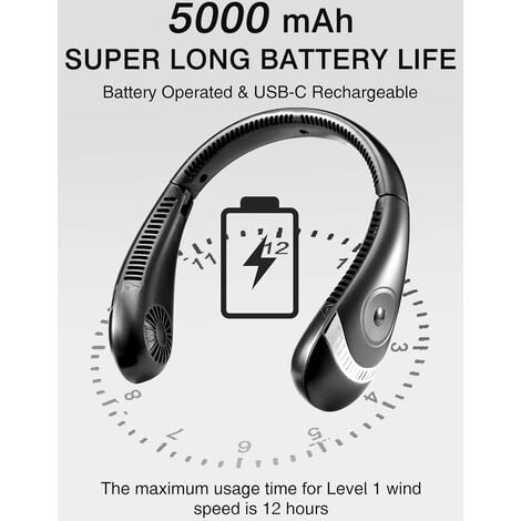 Ventilateur portable cou - USB ventilateur nuque batterie 5000mAh  rechargeable, casque pliable collier ventilateur avec affichage de