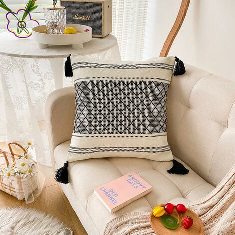 Lot de 2 housses de coussin décoratives tissées tricotées avec taie  d'oreiller à pampilles pour canapé chambre à coucher