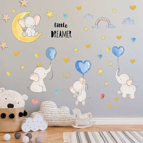 Stickers muraux ballons colorés, autocollants muraux coeurs et étoiles  mignons d'éléphant d'amour, décoration murale amovible en vinyle neutre de  dessin animé pour chambre d'enfant, salon