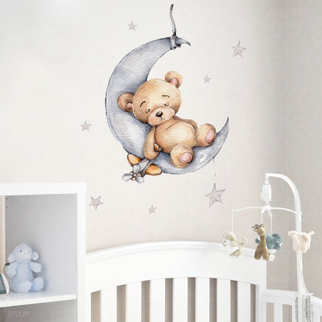 stickers chambre fille déco murale Autocollants muraux ours en peluche,  dessin animé, dormir sur la lune