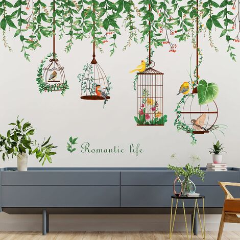 Un lot de Stickers muraux plantes fleurs cages à oiseaux