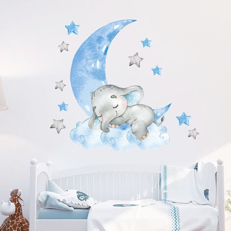Bébé Garçon Éléphant Dormir Lune Stickers Muraux pour Enfants