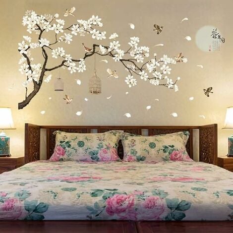Style chinois fleur blanche arbre noir et oiseau volant sticker mural  amovible bricolage décoration murale sticker