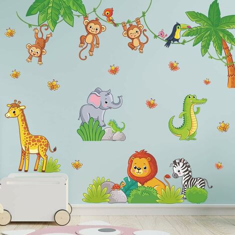 Sticker mural jungle animaux singe éléphant girafe mur