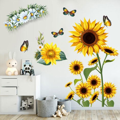 Stickers Muraux Tournesol 3D Papillon Jaune Fleurs Décoration Murale Vinyle  Imperméable Amovible Autocollants pour Salon Cuisine