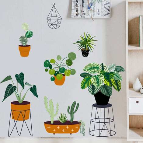 1 ensemble cadre en fer plante verte autocollant mural plantes en pot  Stickers muraux bricolage amovible Cactus Monstera Stickers muraux pour la
