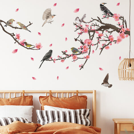 Colibri sur la branche d'arbre autocollant mural, feuille verte et oiseau  volant bricolage Art vinyle autocollant mural, décoration murale
