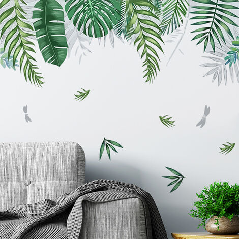 1 ensemble d'autocollants muraux en feuilles de palmier tropical vert,  décalcomanie murale imperméable à l