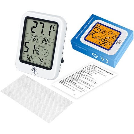 Thermomètre d'ambiance ，Thermomètre hygromètre d'intérieur numérique, mini  moniteur de température et hygromètre pour le confort de l'air au bureau à  domicile, enregistrements max / min 