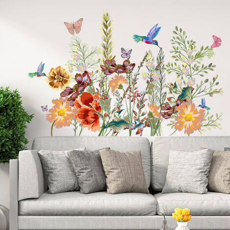 Fleur Rose Colibri et Papillon Stickers Muraux Arbre de Jardin Stickers  Muraux Chambre Salon TV Mur
