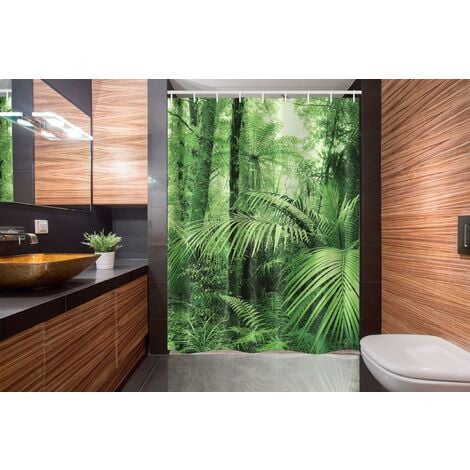 Rideau de douche de stand, palmiers et plantes exotiques dans la