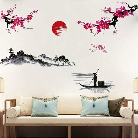 2 Feuilles Style Japonais Splash Ink Paysage Peinture Sticker Mural Fleur  De Cerisier Rouge Stickers Muraux