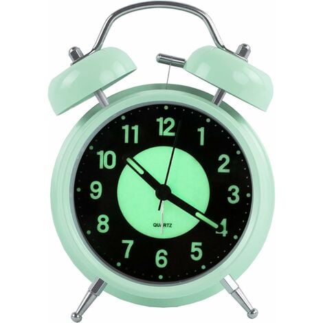 Réveil lumineux de 4 pouces, double cloche analogique rétro sans tickets en  quartz avec alarme sonore et lumière de nuit, boîtier en métal (vert)