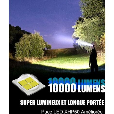 Lampe Torche LED Ultra Puissante, 10000 Lumens Lampe Torche Rechargeable,  Lampe Tactique, 5 Modes USB Torche