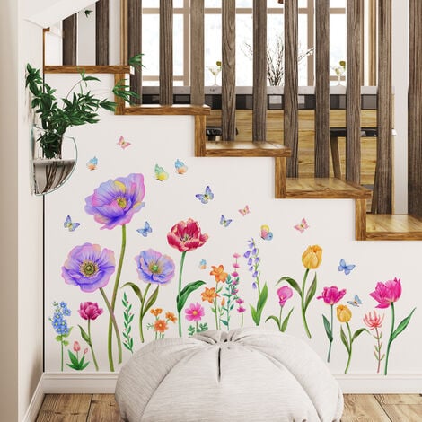 Un lot de Stickers Muraux Fleurs de Jardin plantes papillons Autocollant  Mural Décoration Murale pour Chambre Bébé Fille Salon Bureau