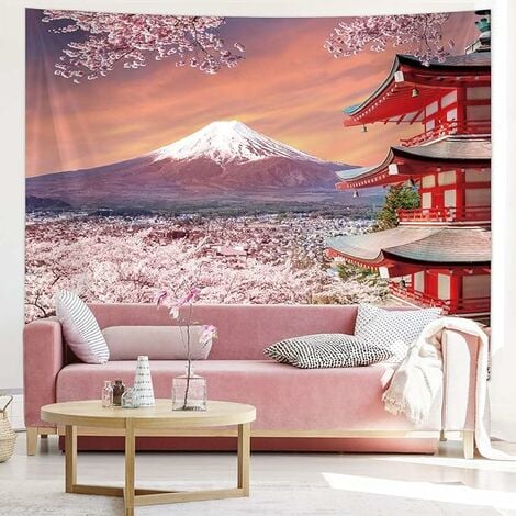 Tapisserie Murale Japonaise Tapisserie de Montagne de Fuji Asiatique  Décoration Murale Pagode du Japon avec Fleur de Cerisier Art Nature pour  Salon