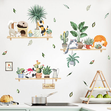 Un lot de Stickers Muraux Autocollant Mural chats Plantes en pot Décoration  Murale pour Chambre à