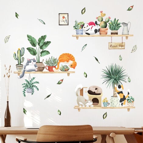 Un lot de Stickers Muraux Autocollant Mural chats Plantes en pot Décoration  Murale pour Chambre à