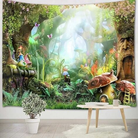 Tapisserie Murale Forêt Tenture Murale Nature Tissu Mural Printemps  Champignons,Conte de fées pour Enfants Chambre