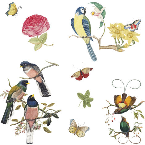 Sticker Fleurs, papillons et oiseau