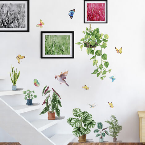 Un lot de Stickers Muraux plantes en pot papillons oiseaux