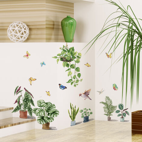 Un lot de Stickers Muraux plantes en pots papillons fleurs