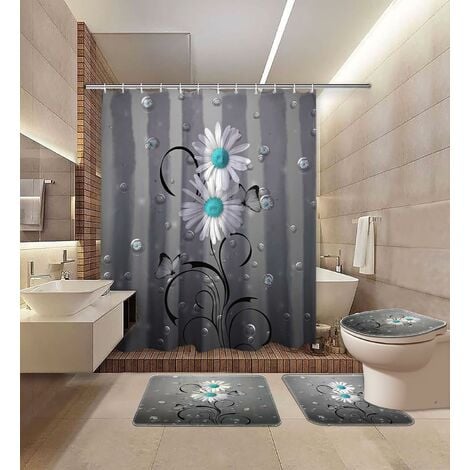 Ensemble de 4 pièces rideau de douche papillon de Marguerite bulle gris -  bleu avec tapis antidérapant, couvercle de toilette, tapis de douche,  rideau de douche avec tapis et accessoires, rideau de do