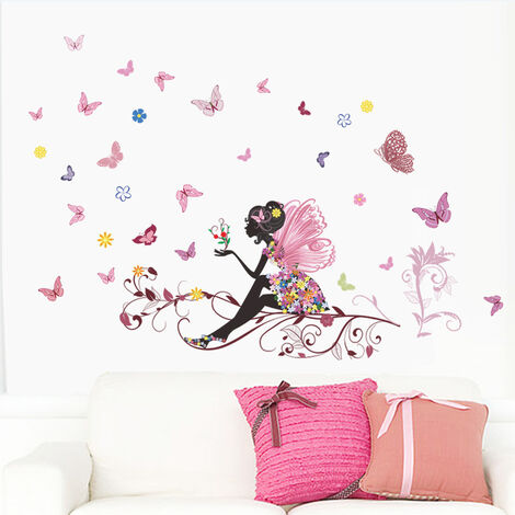 1pc sticker mural fille Romantique Dansant Fleur Fée Papillon