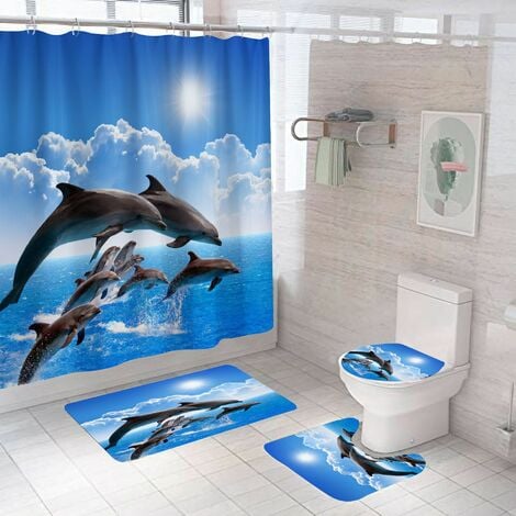4 ensembles de rideaux de douche Jump Dolphin Blue Sea Sky White Cloud  beautiful antidérapant Carpet