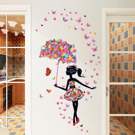 Fée Fille Stickers Muraux DIY Papillons Fleurs Stickers Muraux