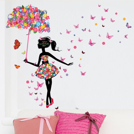 1pc sticker mural fille Romantique Dansant Fleur Fée Papillon autocollant  Amovible decoration pour Chambre salon Pépinière
