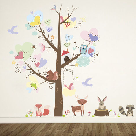 Un lot de Stickers Muraux pour Chambre d'Enfant Garçon Fille Animaux Arbre  Cœur Autocollant Mural pour Chambre Bébé Décoration pour Crèche Garderie