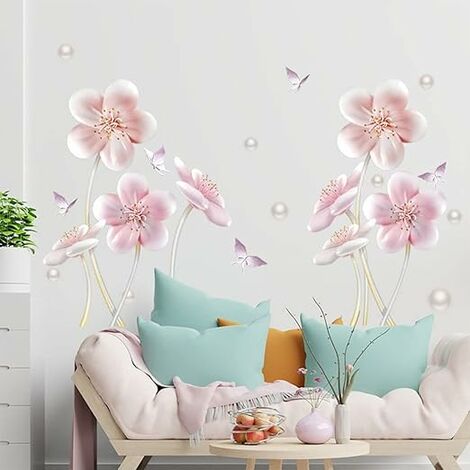 Un lot de Stickers Muraux Fleurs de Jardin plantes papillons Autocollant  Mural Décoration Murale pour Chambre Bébé Fille Salon Bureau