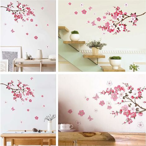 Dww-stickers Muraux Fleurs De Cerisier Avec Papillons Rose Rouge I Sakura  Vigne Floral Branche Arbre Autocollant Sticker Mural Pour Salon Chambre Cui