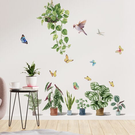 Un lot de Stickers Muraux plantes en pot papillons oiseaux