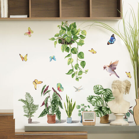 Un lot de Stickers muraux plantes fleurs cages à oiseaux Autocollants  muraux pour salon chambre bureau fenêtres Décoration murale de la maison