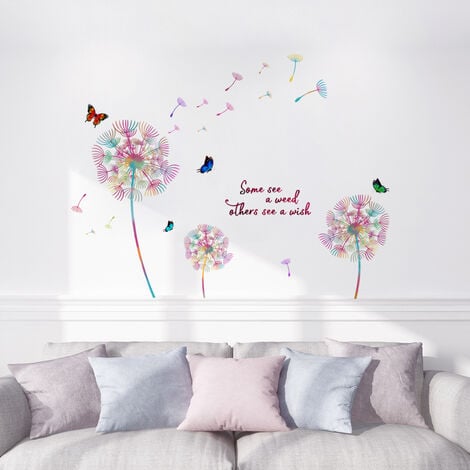 Un lot de Stickers Muraux Pissenlits fleurs papillons Colorés Autocollant  Mural Décoration Murale pour Salon Bureau Chambre
