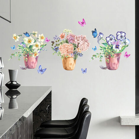 Un lot de stickers muraux fleurs en pot papillons autocollant sticker mural  pour salon chambre d'enfant cuisine carrelage adulte ado