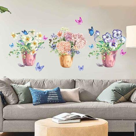 Un lot de stickers muraux fleurs en pot papillons autocollant sticker mural  pour salon chambre d'enfant cuisine carrelage adulte ado