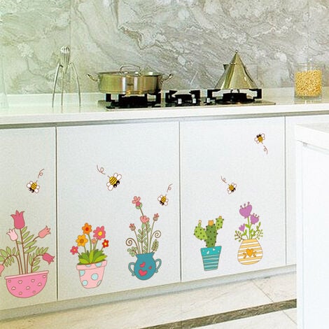 Sticker mural pour chambre salon cuisine bureau Motif fleurs en pot  abeilles, décoration murale