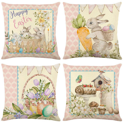 Lot de 4Pcs Housse De Coussin motif fleurs lapins,45 x 45 cm Housses de Coussin  Canapé Voiture Maison Décorative Taie d'oreiller(4 styles differents)