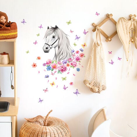 Un lot de Stickers Muraux, cheval papillons fleurs décoration murale pour  salon bureau chambre cuisine Autocollants Amovibles