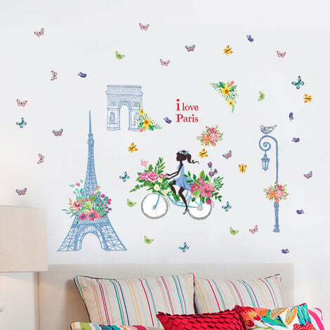 Un lot de Stickers Muraux fille en vélo fleurs papillons Paris