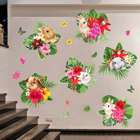 Un lot de Stickers Muraux plantes lapins fleurs Autocollant Mural