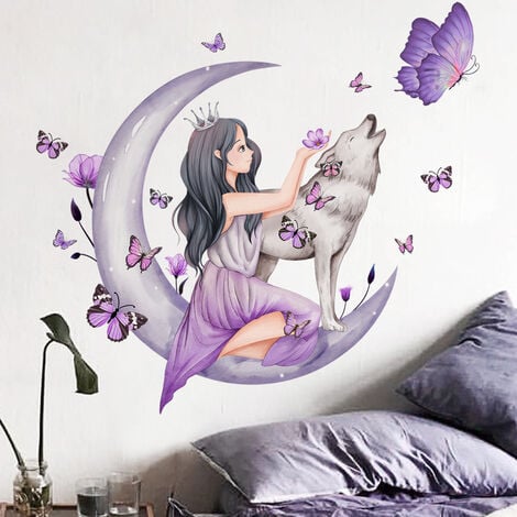 Un lot de Sticker Mural fille lune papillons Autocollant mural décoration  Murale