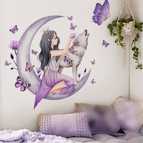 Autocollant mural licorne de dessin animé, papier peint papillon