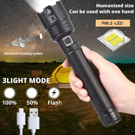 P90 LED lampe de poche forte lumière USB affichage de la puissance de  charge zoom télescopique