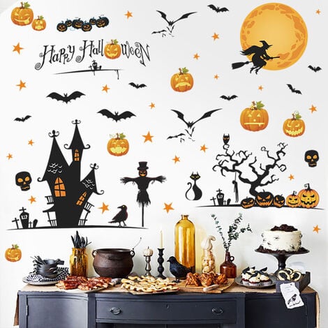 Happy Halloween Home Decor Stickers Muraux Sorcière Chauves-Souris  Araignées Citrouille Lanterne Chat Chambre Salon Stickers