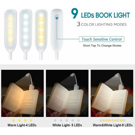 Lampe De Lecture, 9 Led Rechargeable Liseuse Lampe Avec Capteur Tactile,  Gradation Progressive Lampe Livre Avec 3 Modes De Couleur, 360 Flexible  Lampe